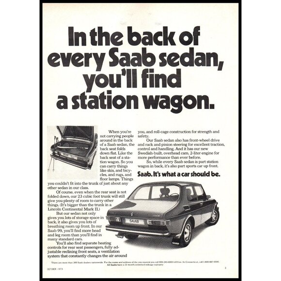 1974 Saab 99 2 Door Vintage Print Ad Large Trunk Snow Skis Winter Wall Art - Picture 1 of 2